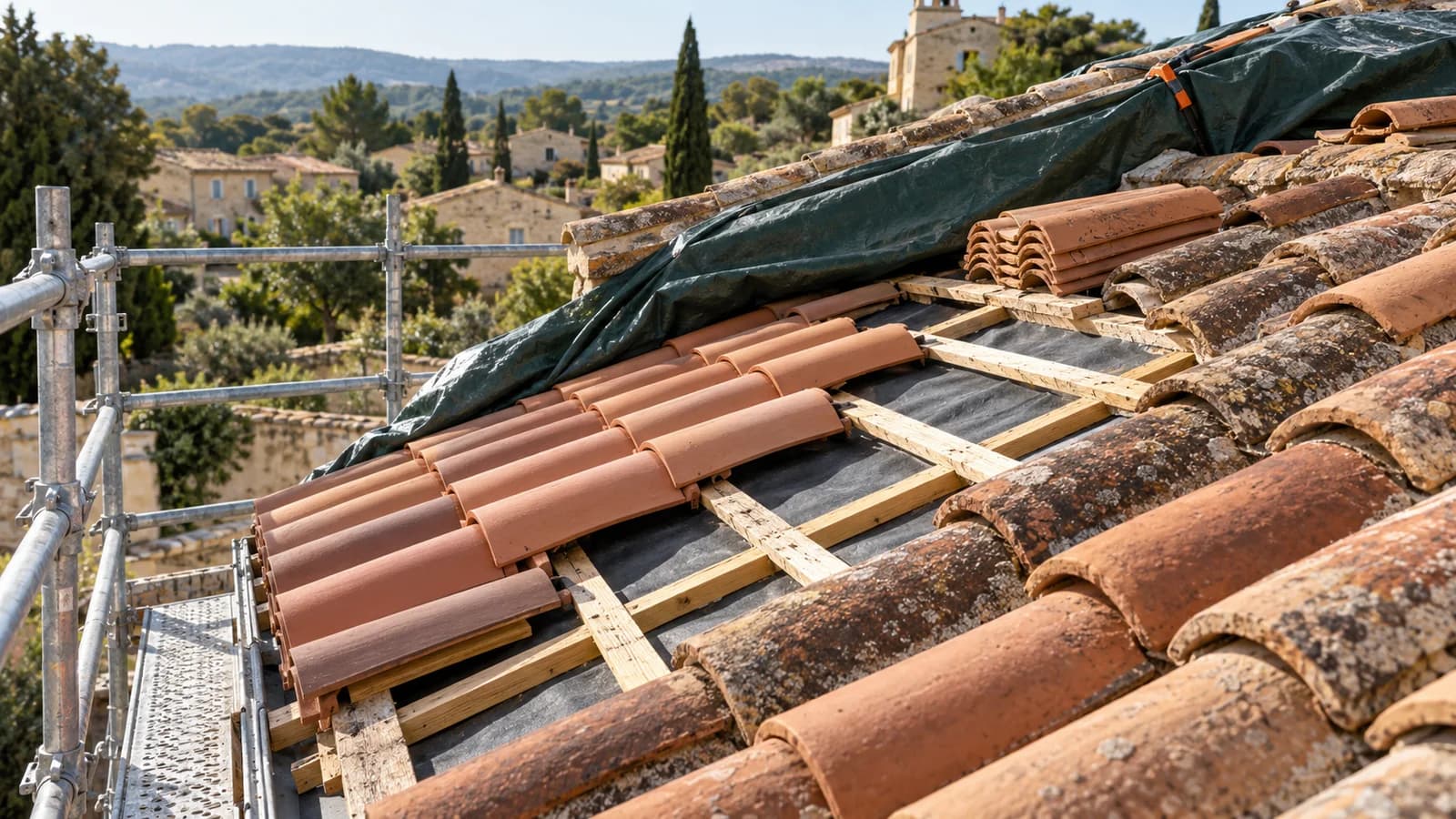 Toiture en tuiles de terre cuite en cours de réparation, avec liteaux apparents, bâche verte et garde-corps d’échafaudage, devant des maisons aux murs sable, sans personne.