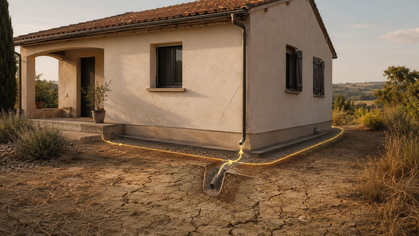 Maison de plain-pied aux murs clairs posée sur un sol argileux craquelé, ceinturée d'un tracé lumineux doré qui rejoint un drain enterré au pied de la façade.