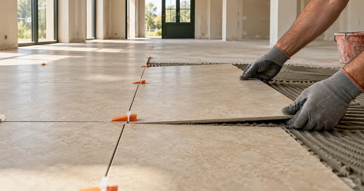 Mains gantées posant une grande dalle de carrelage beige sur un sol en cours de rénovation, avec colle peignée, cales orange et encadrement de porte vert en arrière-plan.