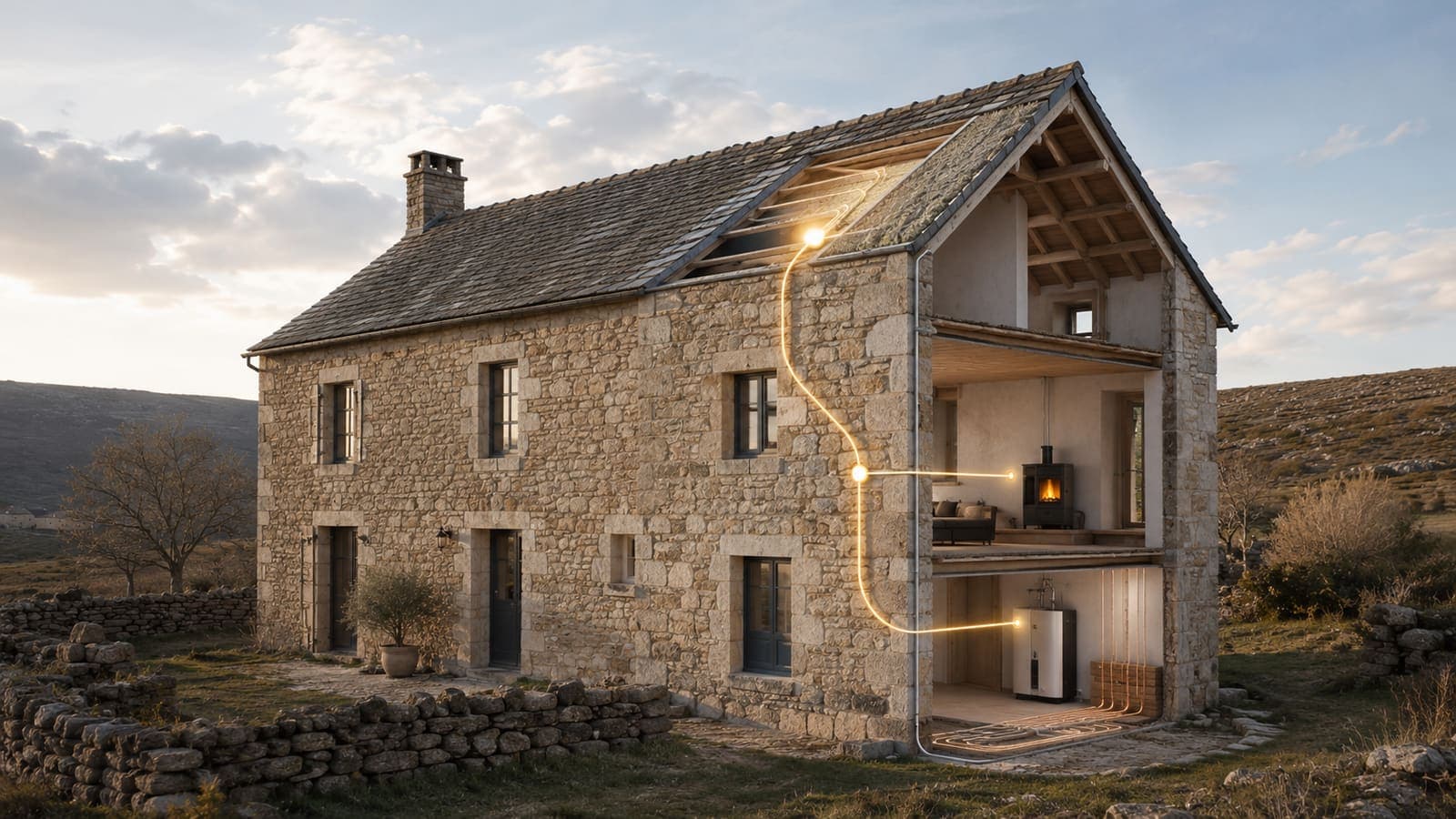 Ferme en pierre des Grands Causses ouverte en coupe sur un pignon, où un filament doré relie l'isolation de la toiture, le poêle et le ballon d'eau chaude.