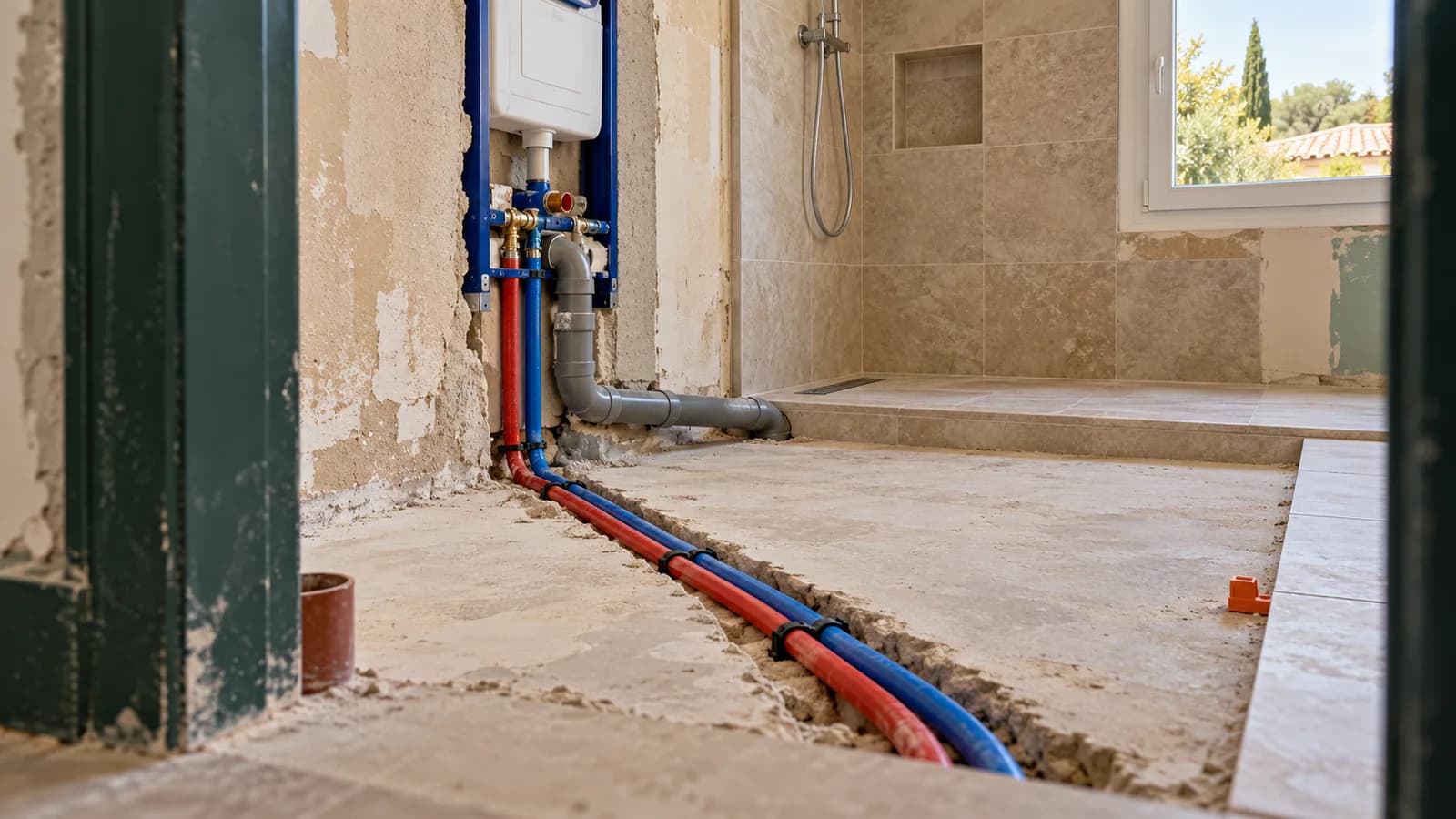 Salle de bains en rénovation, avec canalisations apparentes dans une réservation au sol, murs sable et encadrement vert, sans personne.