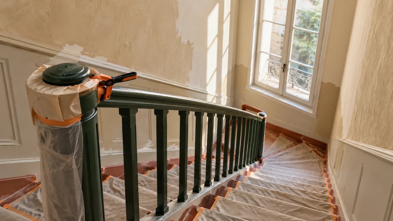 Cage d'escalier en rénovation peinture, vue depuis le palier, avec murs sable en préparation, rampe vert forêt et marches terre cuite protégées, sans personne.
