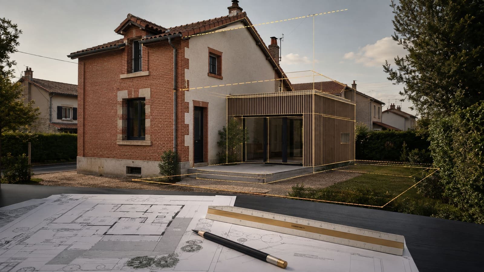 Maison toulousaine en brique flanquée d'un projet d'extension en bois, dont les limites de parcelle et les volumes sont tracés en filaments dorés, plans et réglet posés au premier plan.