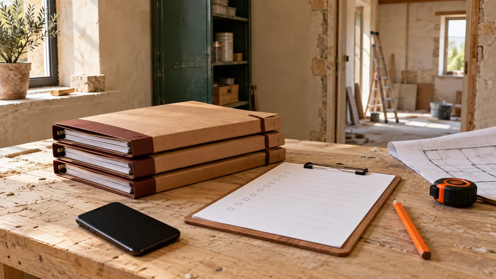 Trois dossiers de devis, un téléphone, une fiche de suivi et des outils sur un établi, devant un intérieur en rénovation et une armoire vert forêt, sans personne.